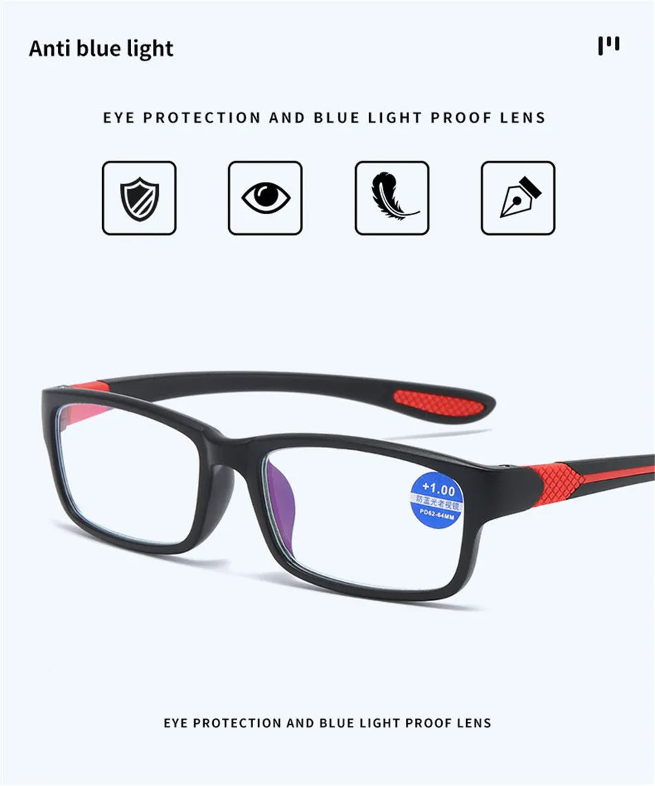 Reading Glasses For Men Women Sports Anti-blue Light Reading Eyewear Black Red TR90 Frame Presbyopia Eyeglasses +100 to+400