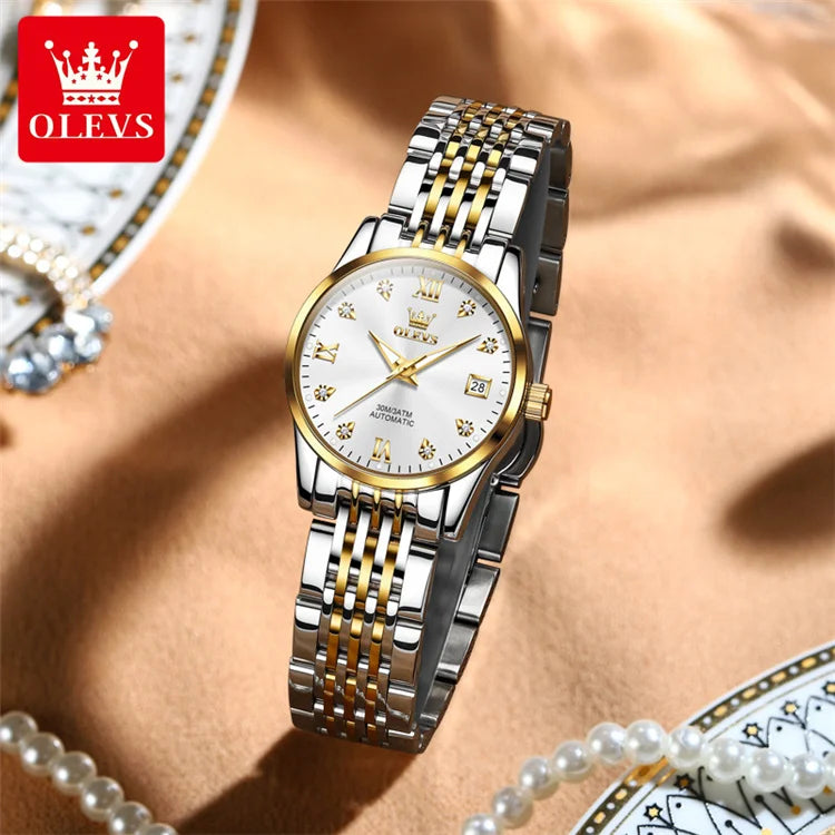 OLEVS 6673 Lovers Automatic Watch Pair Watches for Couples Bracelet Luminous Calendar Mechanical Wristwatch Women