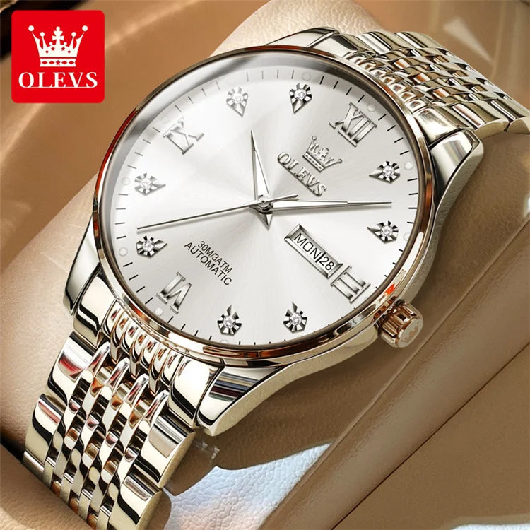OLEVS 6673 Lovers Automatic Watch Pair Watches for Couples Bracelet Luminous Calendar Mechanical Wristwatch Women