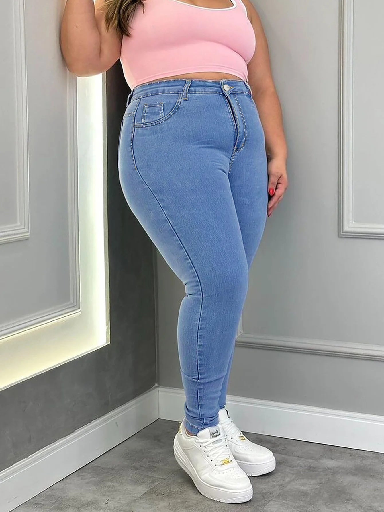 Women's Plus Size High Stretch Blue Pencil Jeans High Waist Straight Full Length Washed Denim Pants Skinny Fit for Mom Daughter