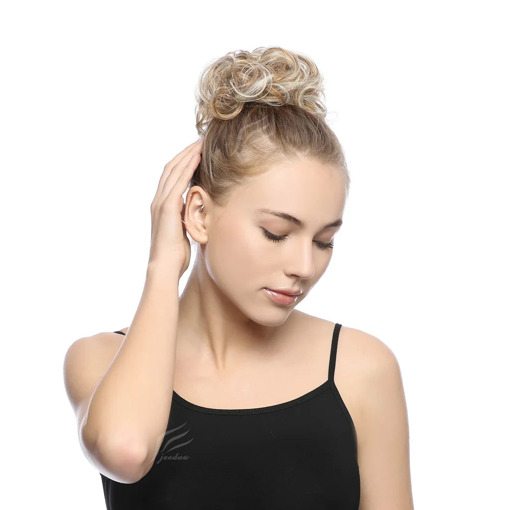 Jeedou Synthetic Messy Curly Hair Bun Chignon Donut Pad Elastic Hair Rope Rubber Band Hairpiece For Woman