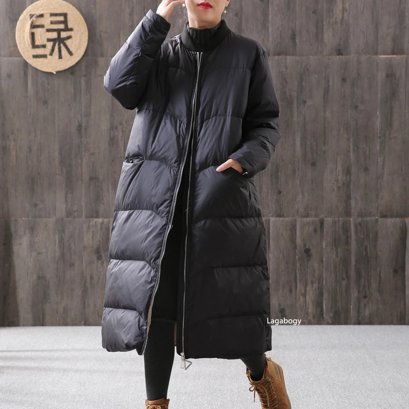 Lagabogy 2025 Thick Warm Long Down Parka WInter Women 90% White Duck Down Jacket Loose Windproof Zipper Coat Female Snow Outwear