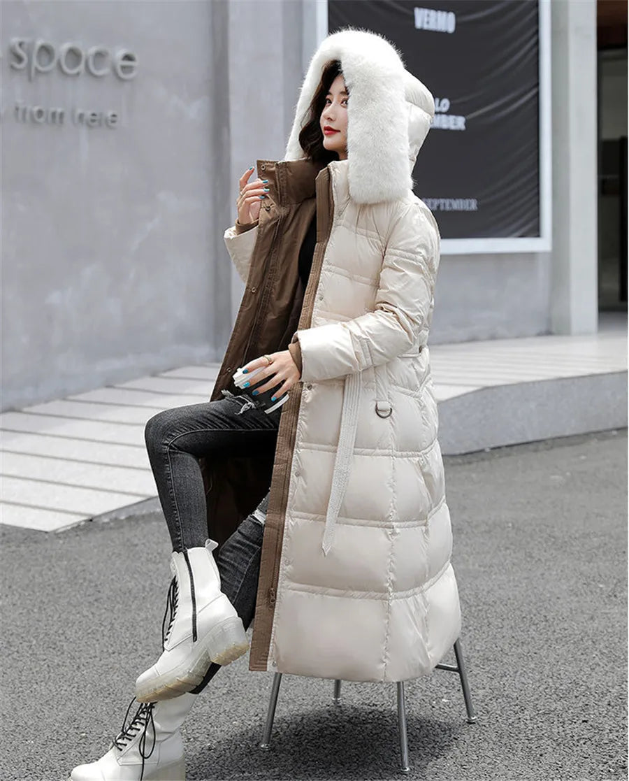 90% White Duck Down Thick Warmth Elegant Hooded Fur Collar Large Size Loose Female Coat 2025 New Women Winter Down Jacket OK1156