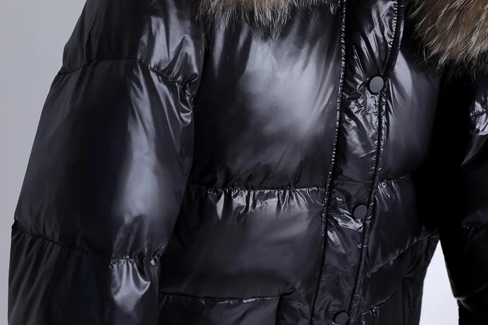 Maomaokong 2022 Women Winter Black Loose Long Down Jacket  Real Fox Fur Collar Hooded Fashion Waterproof Female Extra Large Coat