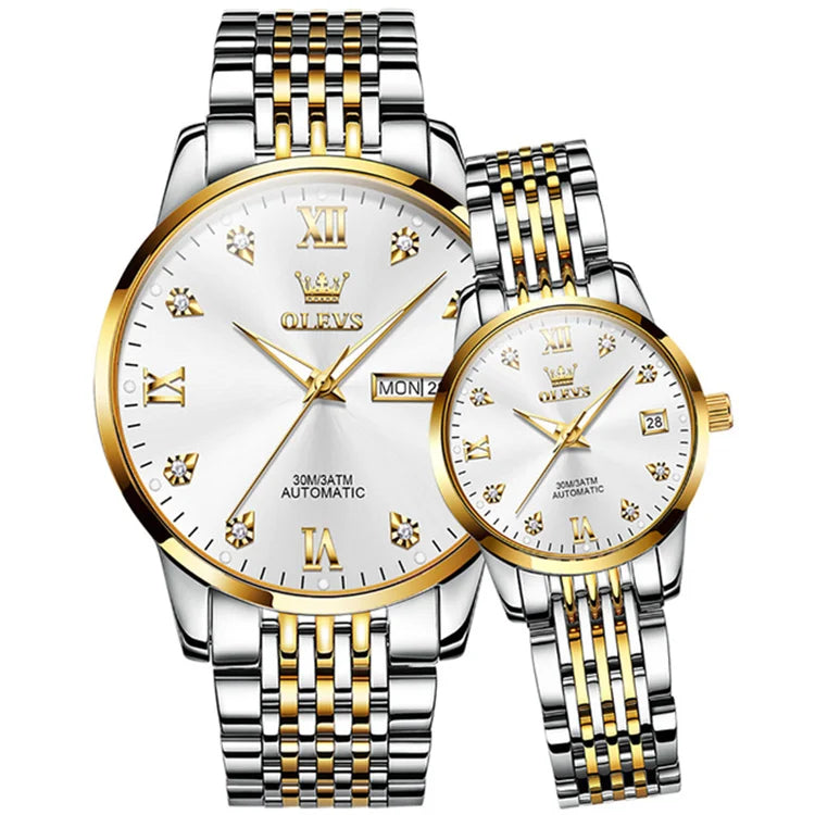 OLEVS 6673 Lovers Automatic Watch Pair Watches for Couples Bracelet Luminous Calendar Mechanical Wristwatch Women