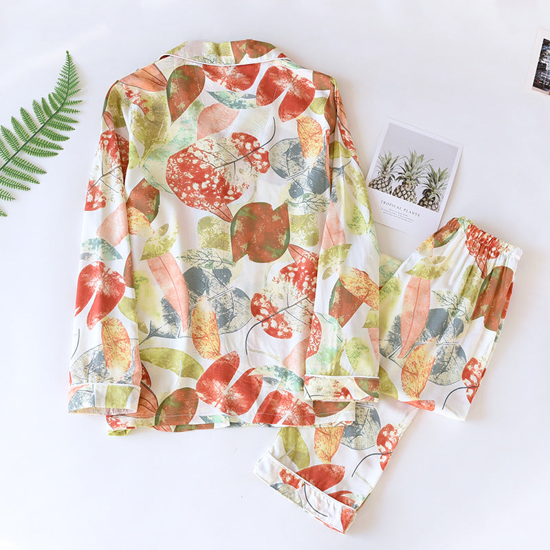 New Spring And Summer Ladies Pajamas Two-piece Viscose Long-sleeved Trousers Big Flower Cardigan Comfortable Home Service Set