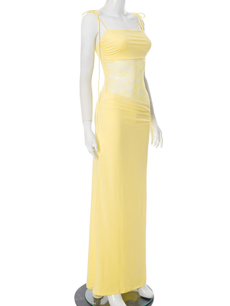 Elegant Lace Cut Out Maxi Dresses for Women 2025 Sexy Spaghetti Strap Patchwork Holidays Party Dress Summer Backless Long Dress