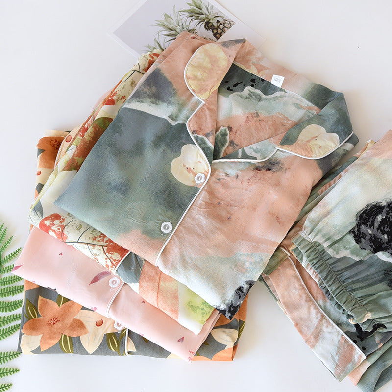 New Spring And Summer Ladies Pajamas Two-piece Viscose Long-sleeved Trousers Big Flower Cardigan Comfortable Home Service Set