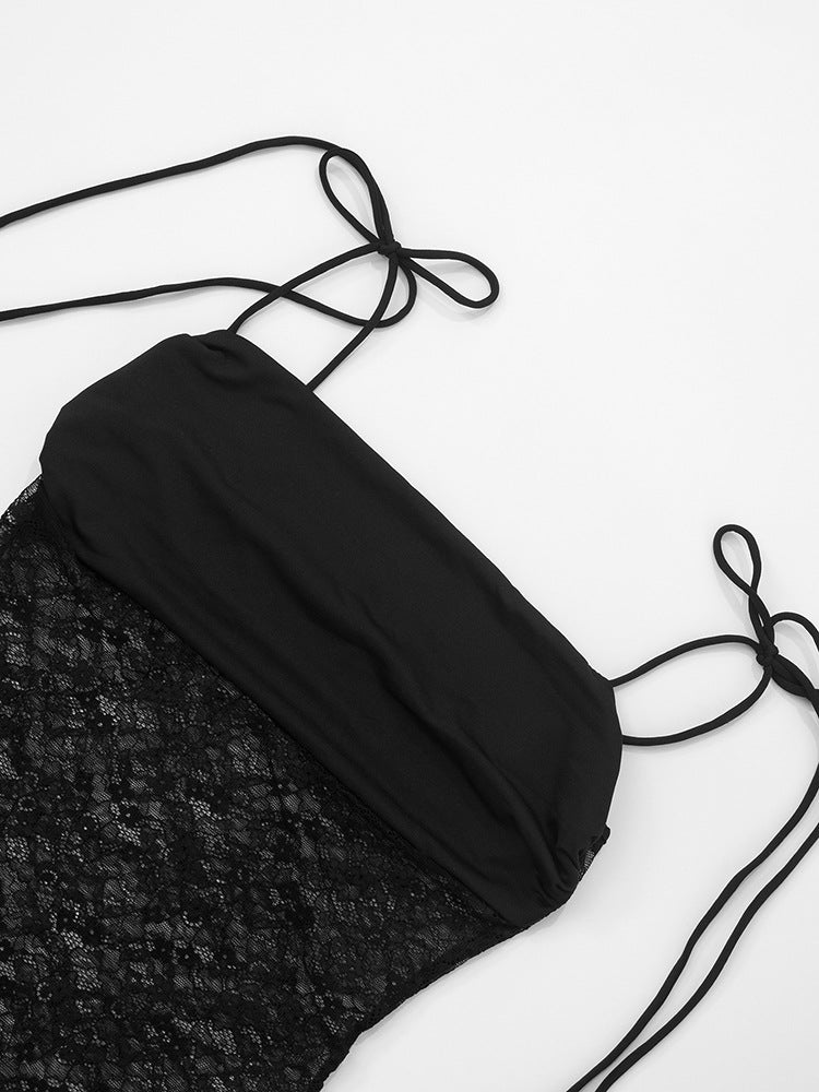 Elegant Lace Cut Out Maxi Dresses for Women 2025 Sexy Spaghetti Strap Patchwork Holidays Party Dress Summer Backless Long Dress