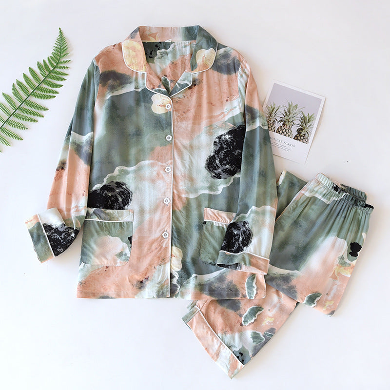 New Spring And Summer Ladies Pajamas Two-piece Viscose Long-sleeved Trousers Big Flower Cardigan Comfortable Home Service Set