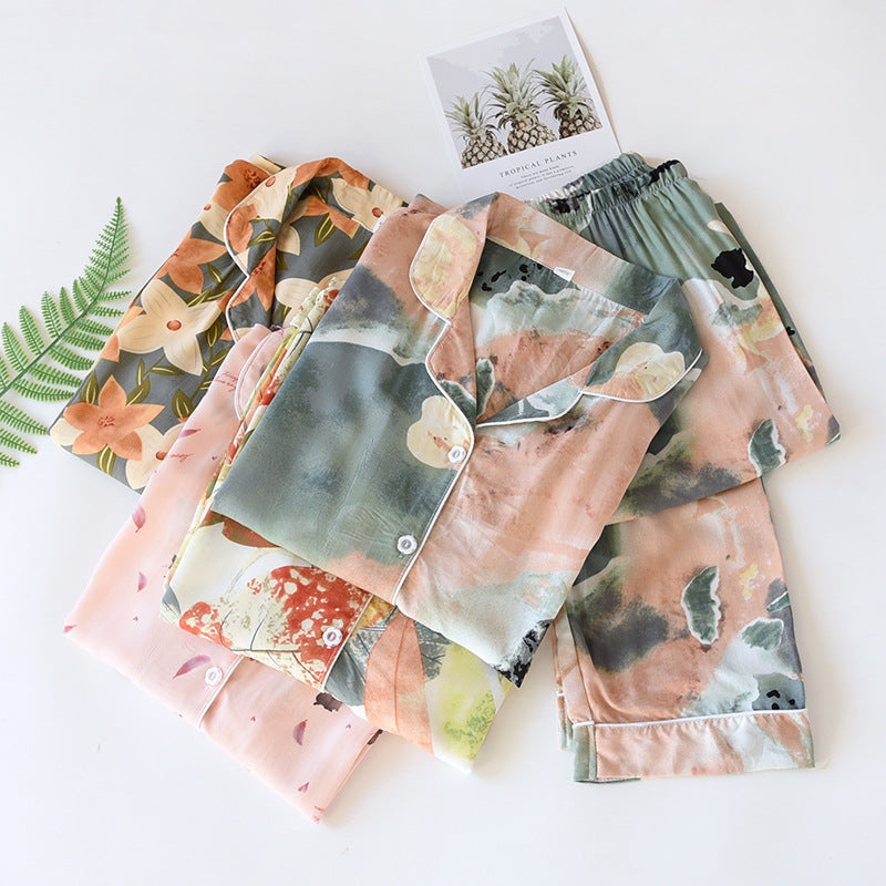 New Spring And Summer Ladies Pajamas Two-piece Viscose Long-sleeved Trousers Big Flower Cardigan Comfortable Home Service Set