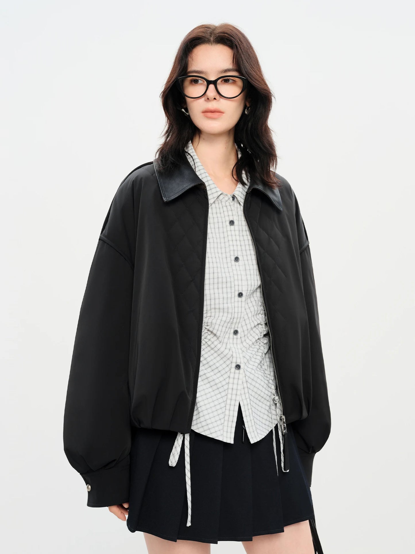 FSLE Barn Style Lightweight Padded Jacket Women's 2025 Winter Vintage Academic Plaid Panel Short Coat Retro College Outerwear