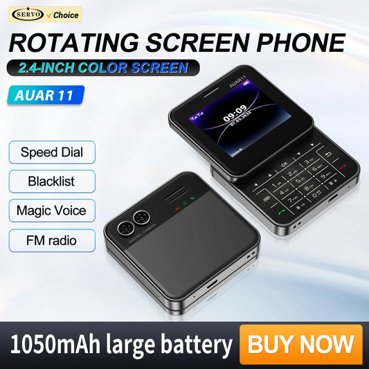 SERVO AUAR11 Rotating Mobile Phone 2 SIM Stadby Torch Speed Dial Magic Voice FM Radio 2G GSM 2.4" Slide Screen Small Cellphones
