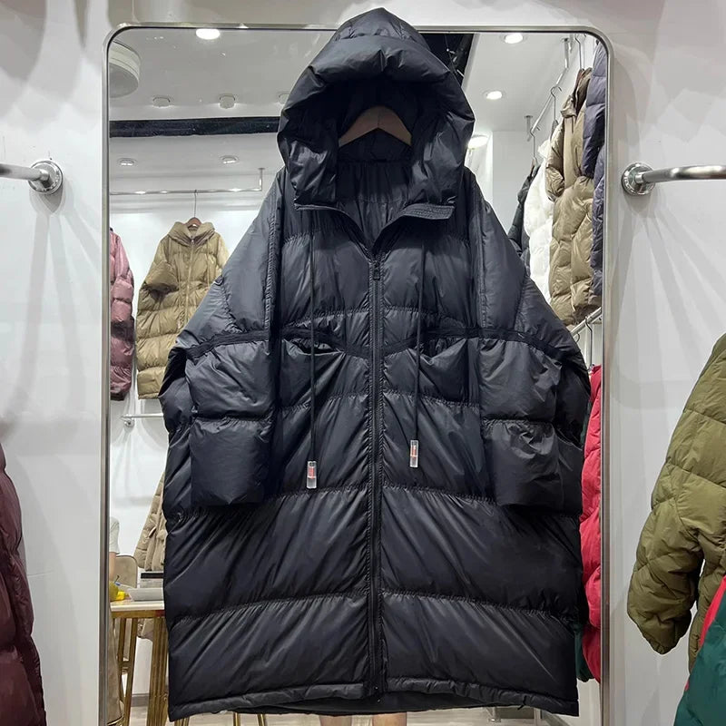 Schinteon Women White Duck Down Jacket with Hood Autumn Winter Warm Long Outwear Over Size Loose Coat 2025 New