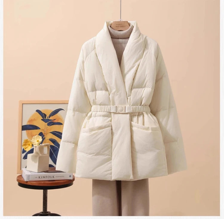 Schinteon Women White Duck Down Jacket Casual Loose Belt V-neck Collar Fashion Autumn Winter Outwear Korean Style Coat 2025 New