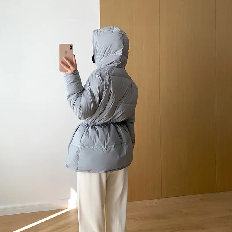 2023 New Autumn Winter Women Fashion Hooded 90% White Duck Down Coat Lady Slim Thick Warm Zipper Drawstring Lace-up Snow Jacket