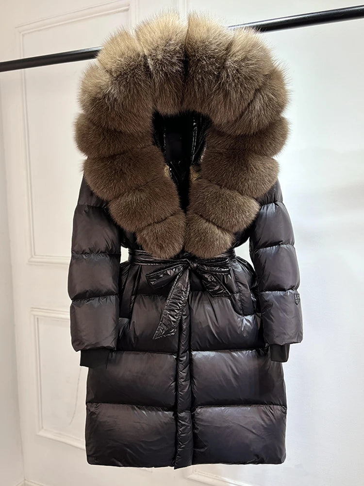 Janveny Winter Real Natural Fox Fur Hooded Long Puffer Down Jacket Women 90% Goose Down Coat Thick Warm Female Shiny Parkas