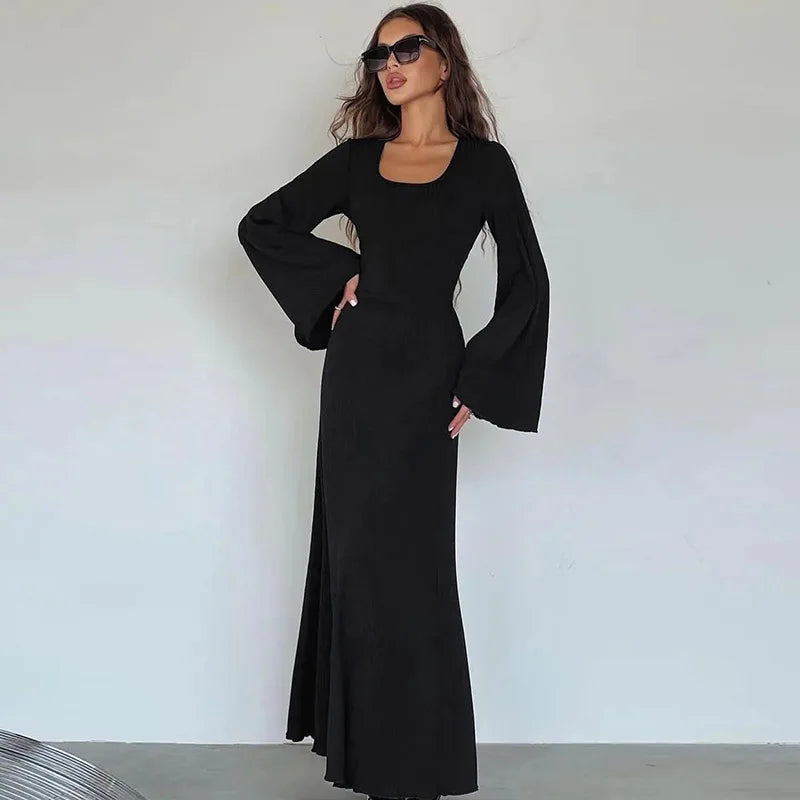 Women's clothing 2025 autumn new product fashionable loose U-neck back tied long sleeved dress