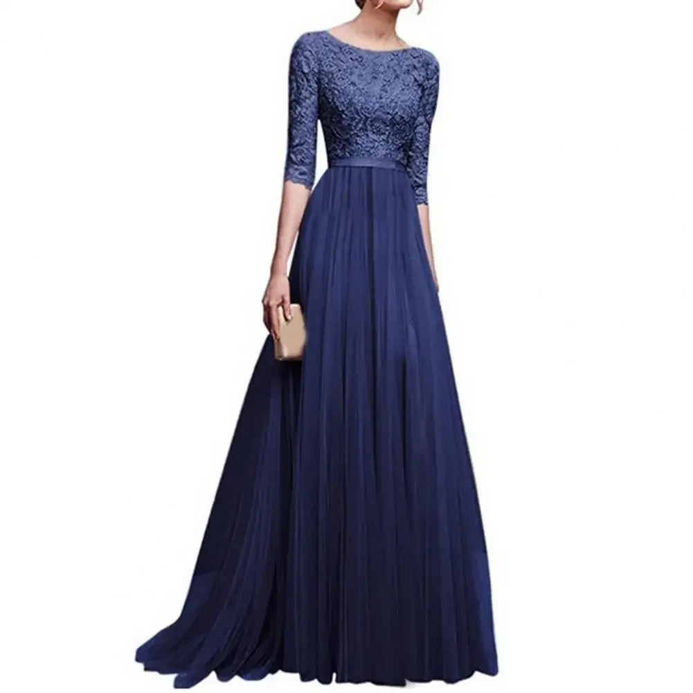 Women Maxi Dress Lace Flower Embroidery Pleated Floor Length Women Chiffon Long Dress Elegant Evening Gown Prom Party Dresses