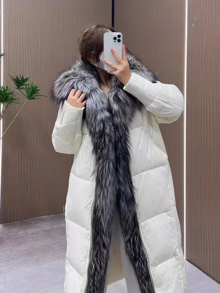 New Winter Coat Women Goose Down Jacket Long Thick Warm Oversized Real Fox Fur Collar Luxury Fashion Outerwear Streetwear