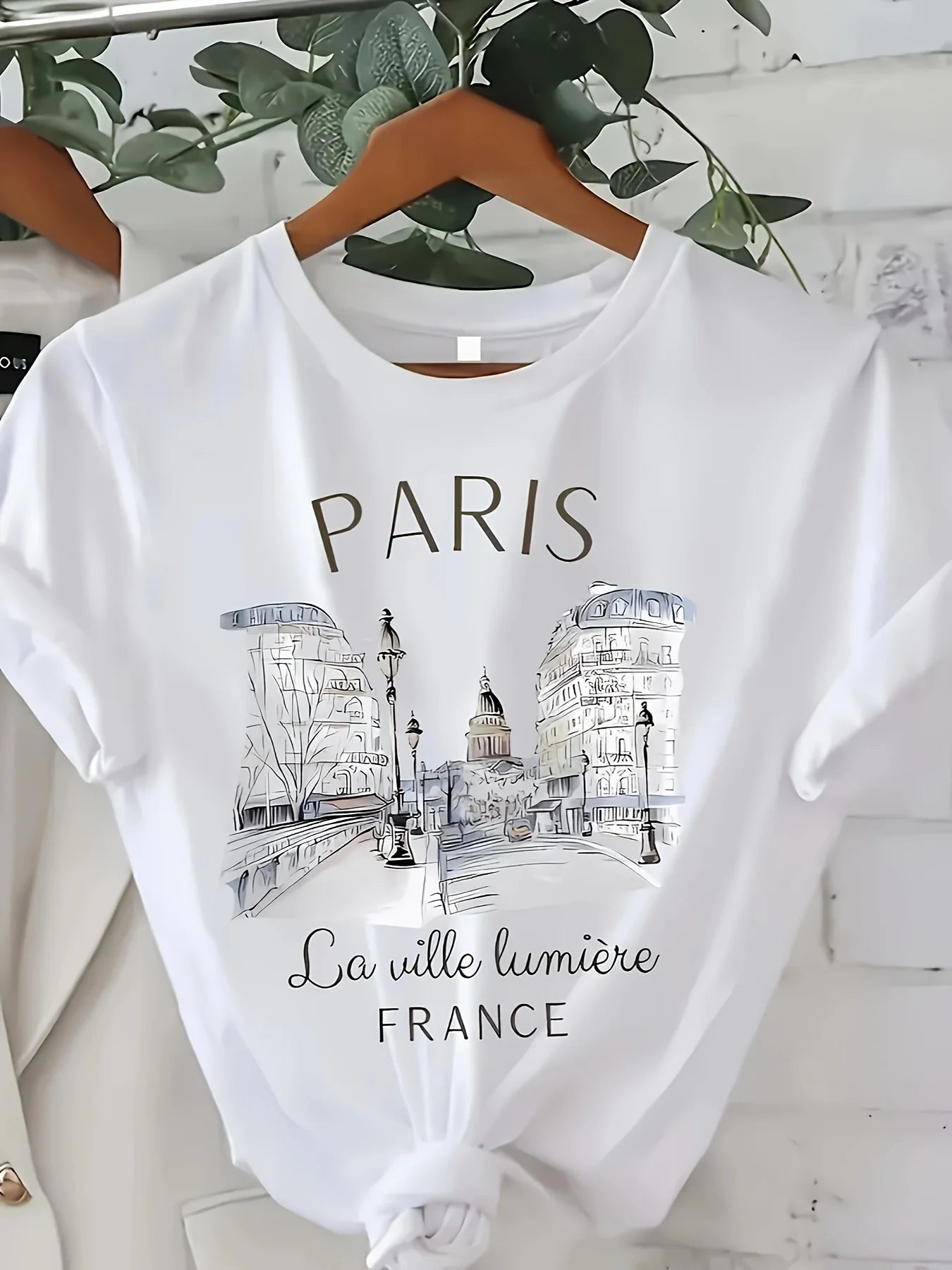 Women's Paris Print Crew Neck T-Shirt - Casual Loose Fit Short Sleeve Top with Eiffel Tower & French Lettering Design