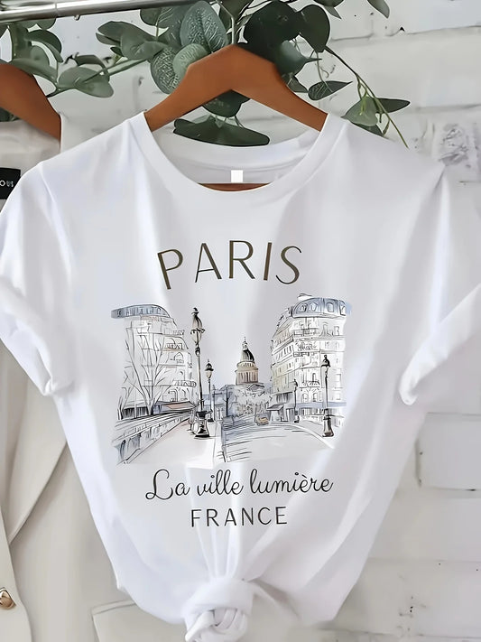 Women's Paris Print Crew Neck T-Shirt - Casual Loose Fit Short Sleeve Top with Eiffel Tower & French Lettering Design