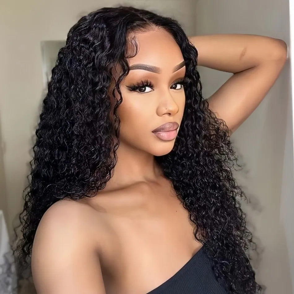 13x6 Deep Wave Lace Front Wigs Human Hair 200% Density Curly Human Hair Wig for Women Natural Black HD Transparent Lace Frontal