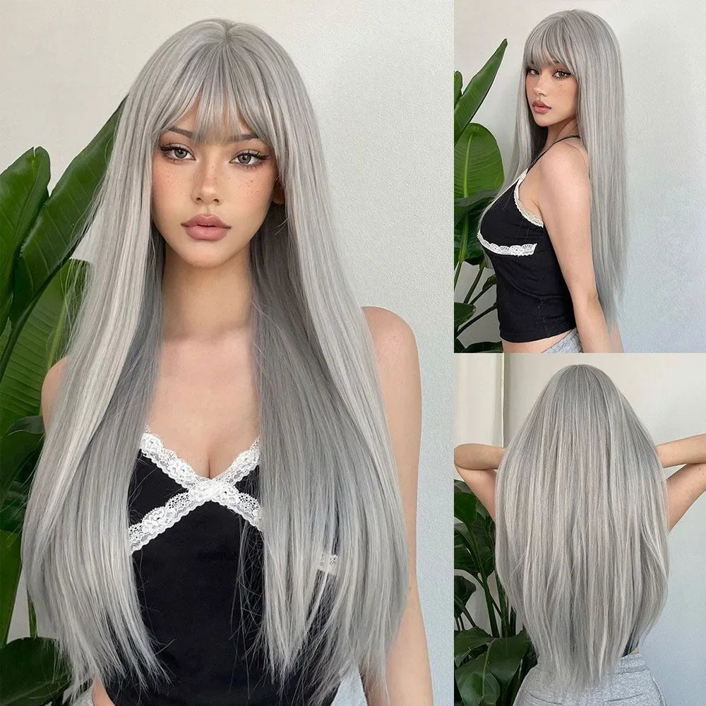 Grandma's Grey Synthetic Wig, Natural Bangs, Long Straight Hair, White Women's Daily Cosplay, Heat-Resistant Full Head Cover