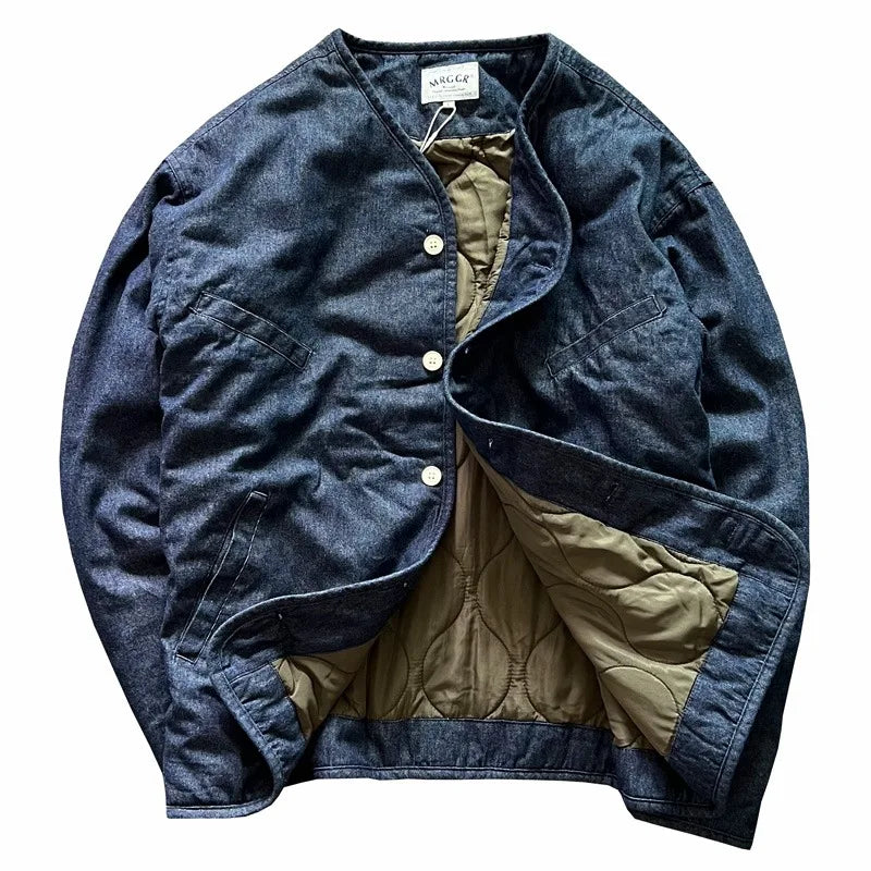 Retro Japanese Sle Thi Warm Autumn Winter Cotton Jaet Casual Versatile Denim Outerwear Stand Collar Men's Clothing