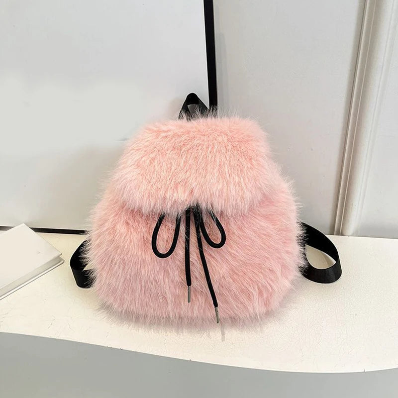 Winter Soft Plush Ladies Schoolbag Solid Color Female Furry Shoulder Bags Handbags Fashion Luxury Fake Fur Women's Backpack