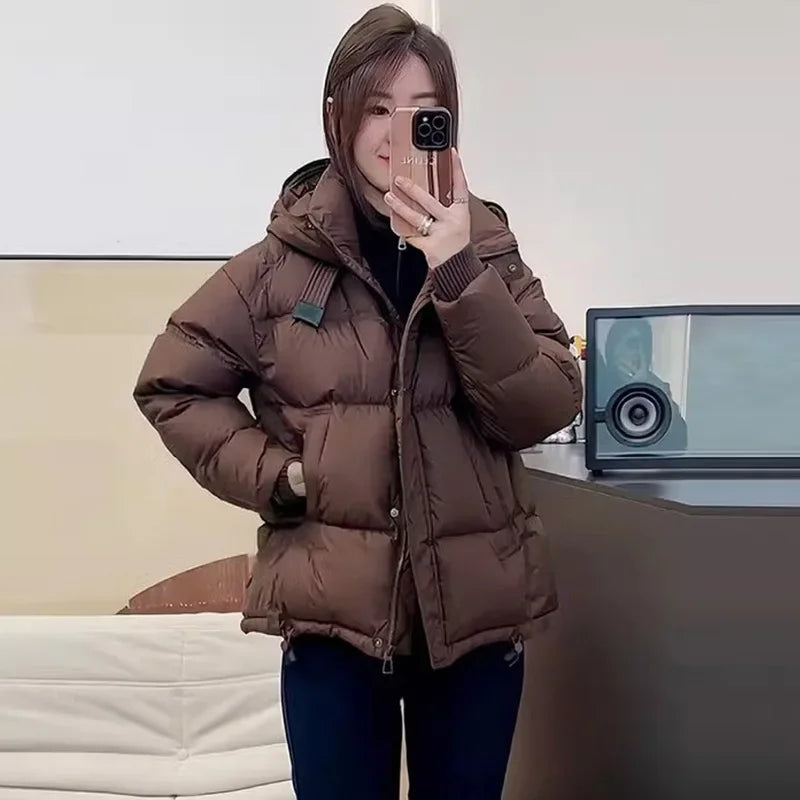 Schinteon Women White Duck Down Jacket with Hood Autumn Winter Warm Outwear Korean Style Over Size Loose Solid Color Coat 2025