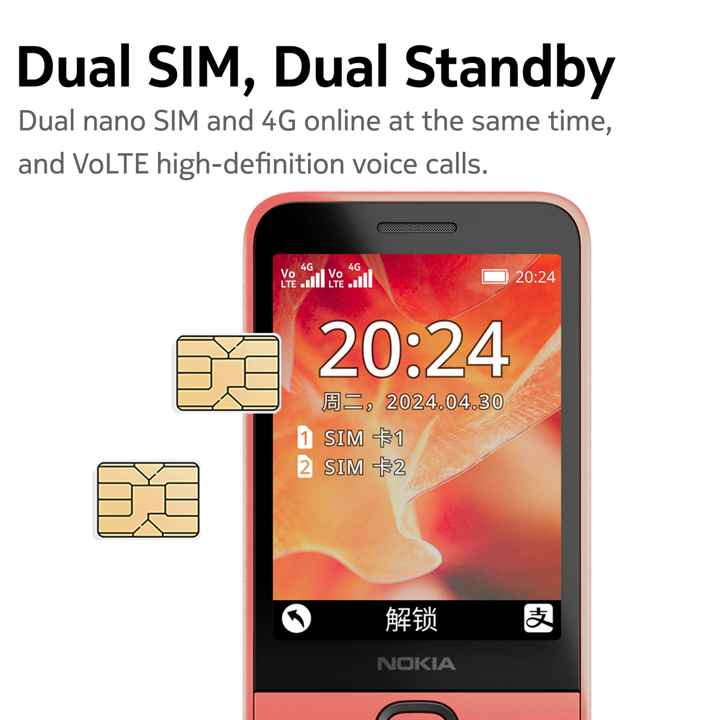 Original Nokia 220 4G Feature Phone 2.8 Inch Bluetooth FM Radio 1450mAh Bettery Dual SIM Push-button Mobile Phone Type-C Port