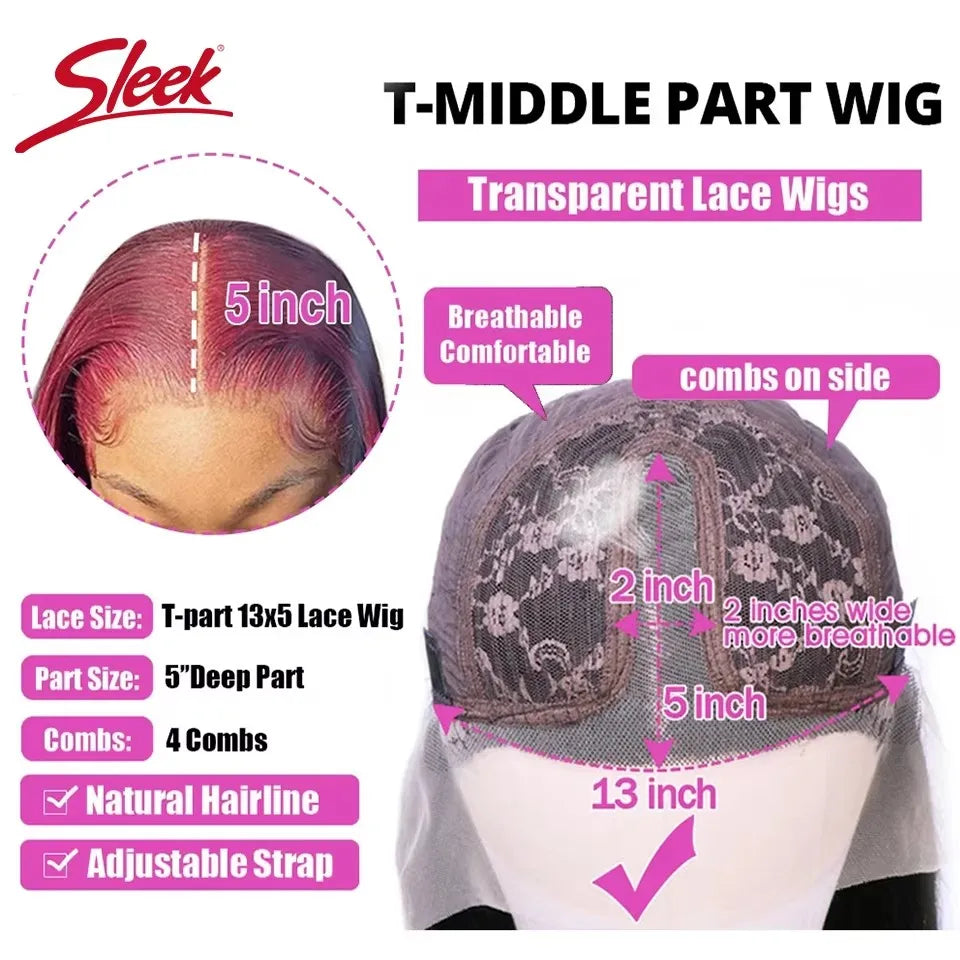 Sleek Red 99J Colored T1B/99J Wig 13*4*1 T Part Lace Front Part Brazilian Straight 22 Inches Human Hair Wigs Natural Remy Hair