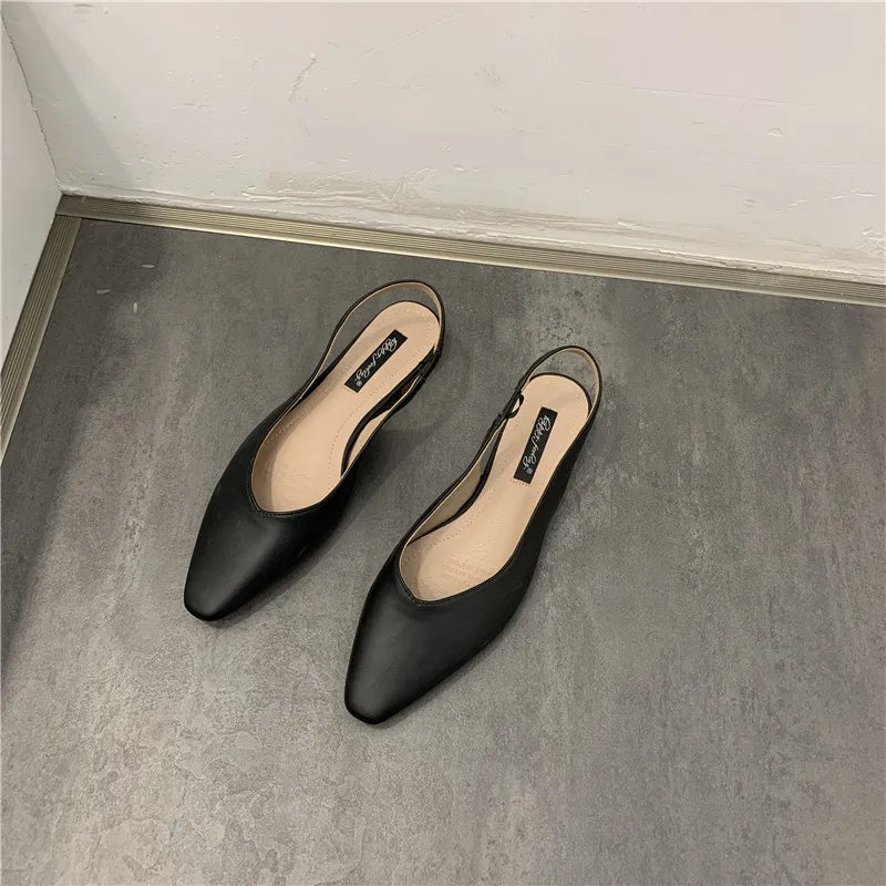Elegant Slingback Flat Sandals Women Solid Leather Pointed Toe Shoes Summer Ladies Rear Strap Sandalias Low Heel Mary Janes 2025