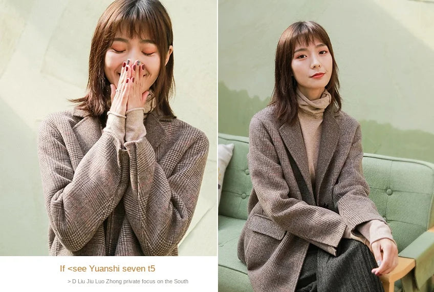 Handmade Sewn Double-sided Woolen Blazer Women Spring Autumn Plaid Wool Overcoat Office Lady Casual Suit Coat Thick Jacket