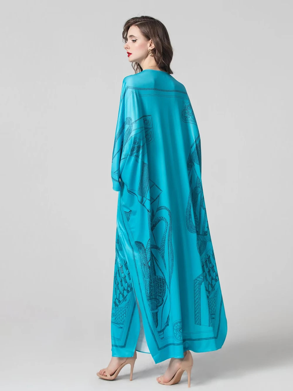 Women's Robes Sexy V Neck Batwing Sleeves Printed Loose Design Elegant Fashion Casul Long Dress Outerwear