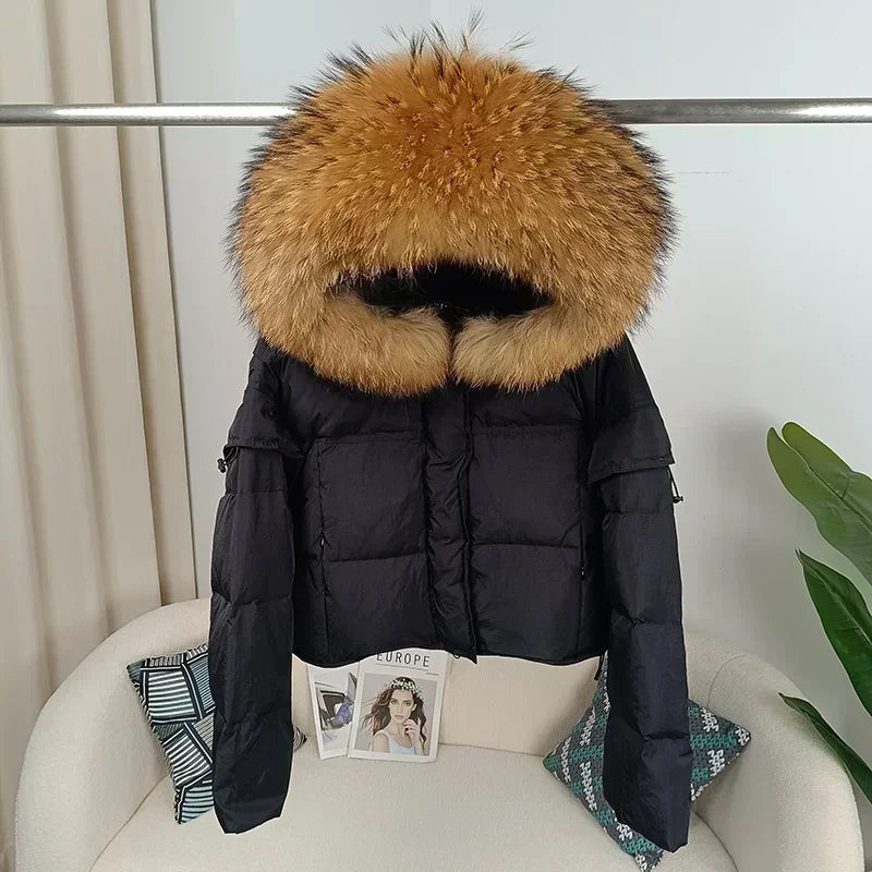 Outerwear Autumn Winter Women Hooded Fashionable Streetwear Detachable Sleeve Real Raccoon Fur Collar Jacket Duck Down Loose