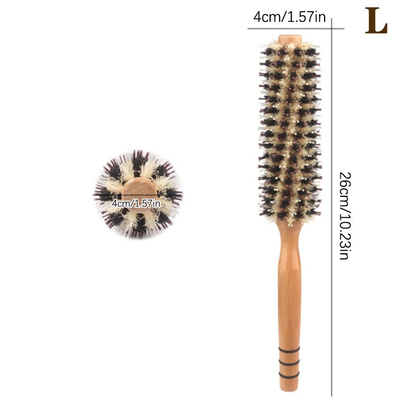 Natural Boar Bristle Roller Brush Barber Hair Roller Wood Hair Brush Round Barrel Hair Comb For Women Curly Hair Hairdressing