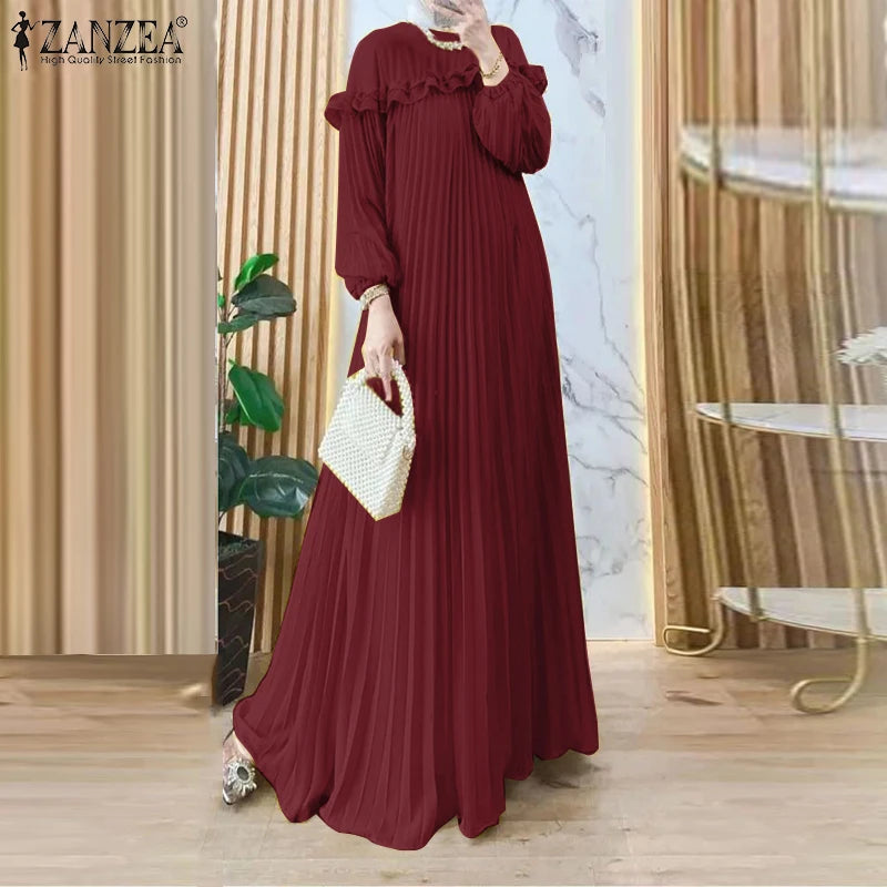 Elegant Autumn Maxi Dresses 2025 ZANZEA Women Fashion Long Sleeve Pleated Party Sundress IsIamic Robe Muslim Abaya Hijab Dress