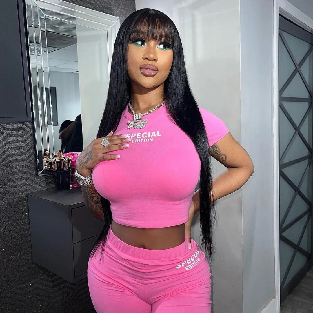 Silkwave Bone Straight Human Hair With Bangs 3x1 Lace Middle Part Wigs For Black Women Brazilian 30 32 Inch Cheap Glueless Wig