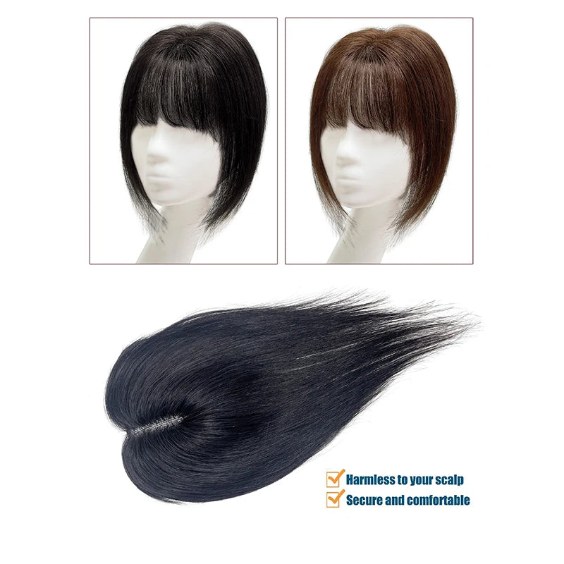25cm 100% Human Hair 9*10cm Hairnet Black Dark Brown Clip in Hair Topper Extension with Bangs Top Wig Piece