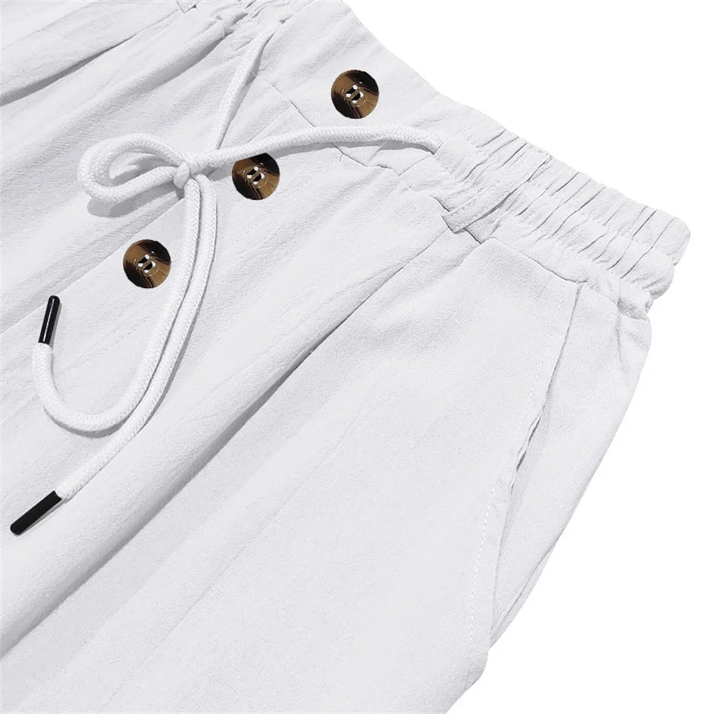 Autumn New Men's Cotton Pants Solid Color Button Drawstring Design Casual Loose Fit Cozy Trousers Simple Style Long Pants