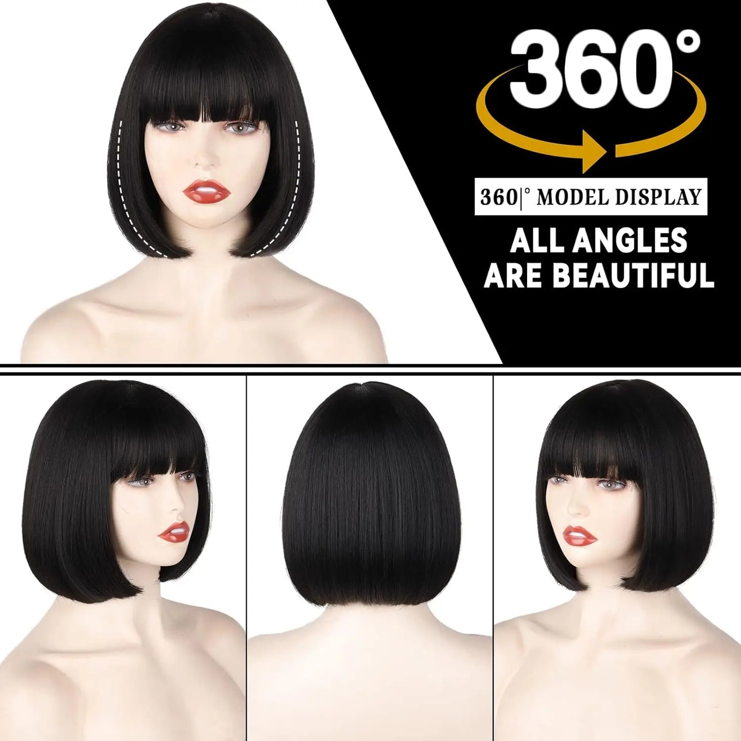 Synthetic 12 Inch Short Bob Black Wig With Bangs for Women Natural Looking Soft Hair Replacement Wigs Velma Kelly Halloween