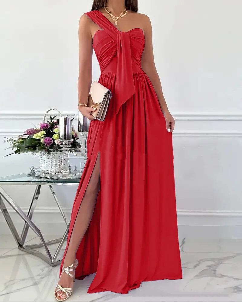 Party Long Maxi Dresses for Women Elegant One Shoulder Ruched Bandeau Evening Party Cocktail Gown Flowy Split Dress