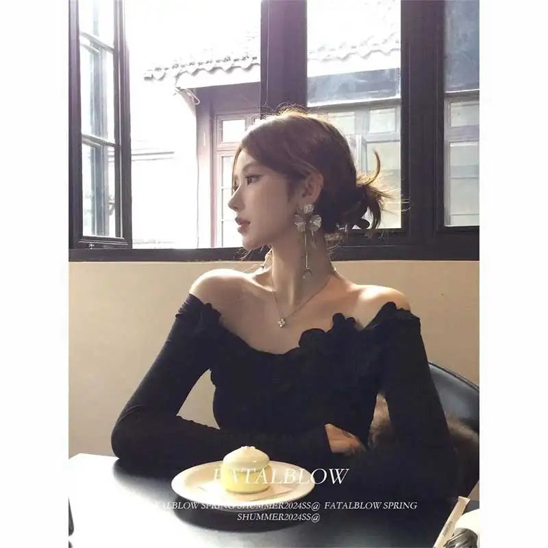 Women Clothes Spring Autumn Fashion Simplicity Solid Color Slash Neck Ladies Trend Pure Desire Wind Long Sleeve Appear Thin Tops