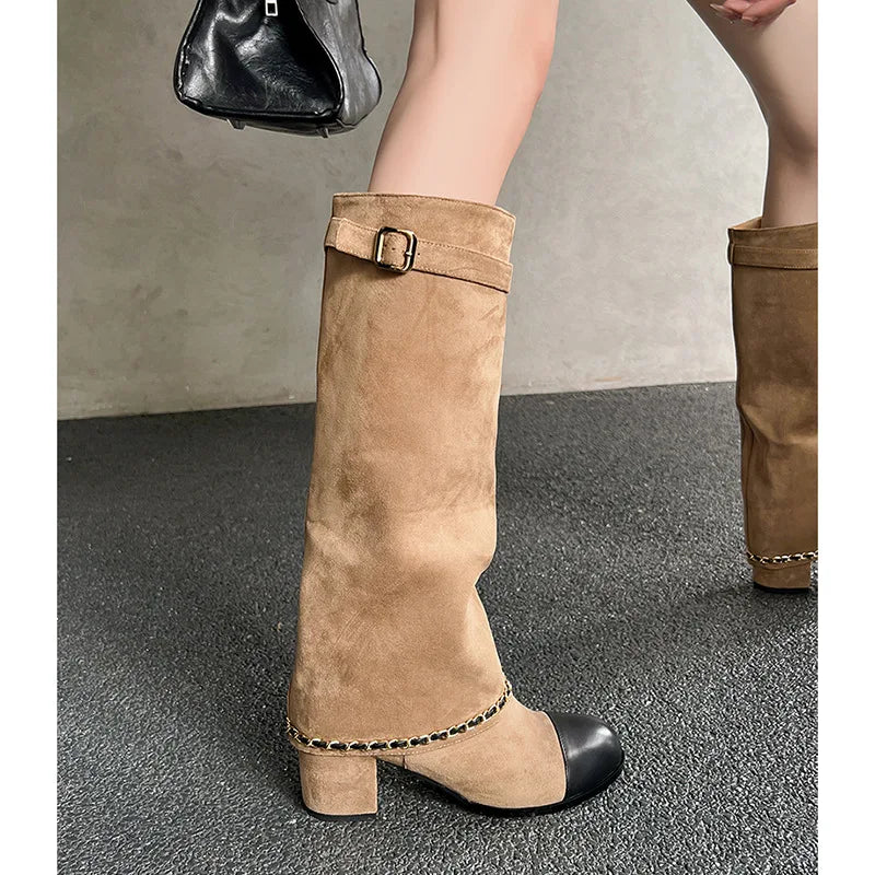 Arden Furtado 2024 Cowhide Mixed Colors Knee high boots Round toe Suede Pull-on Turned-over Edge Chunky heels Modern boots