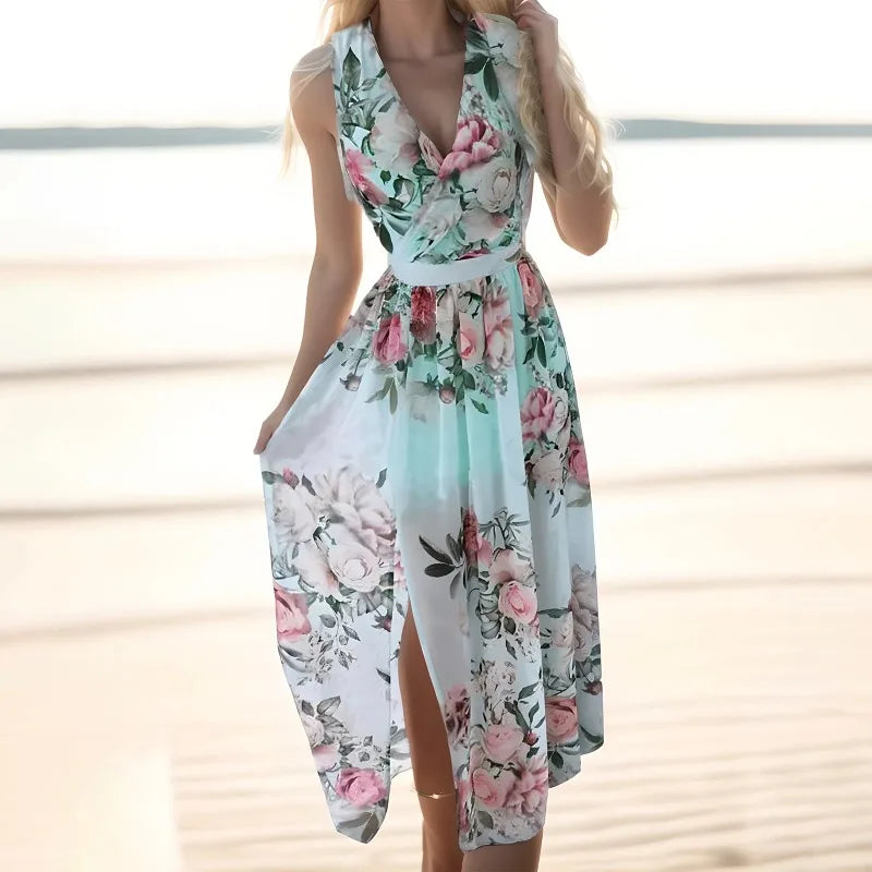 Women's Maxi Print Dress Sexy Off Shoulder Ruffles Elegant V-Neck Dresses Long Fashion Strap Chiffon Dresses Vestidos Para Mujer