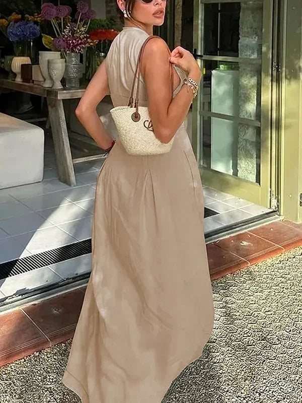 Lemongor Women Fashion Solid Color Zipper A-Line Dress 2025 New Summer Sleeveless Pockets Pleated Party Evening Maxi Dresses