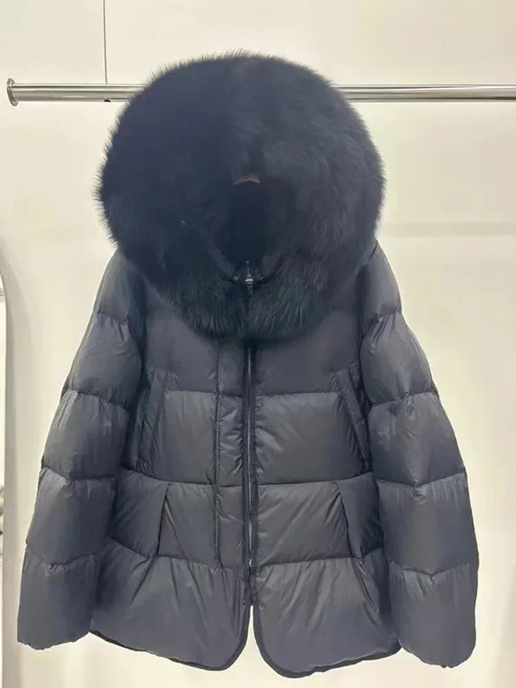 Schinteon Women 100% Real Fox Fur Collar White Duck Down Jacket with Hood Autumn Winter Warm Casual A-lined Warm Outwear Cape