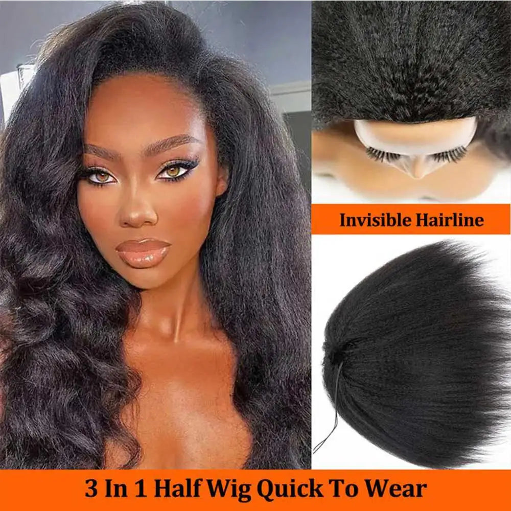 ﻿ Kinky Straight Half Wig Human Hair Ready to Wear 3 IN 1 Half Wig Human Hair Glueless Wig Drawstring Yaki Straight Half  Wig